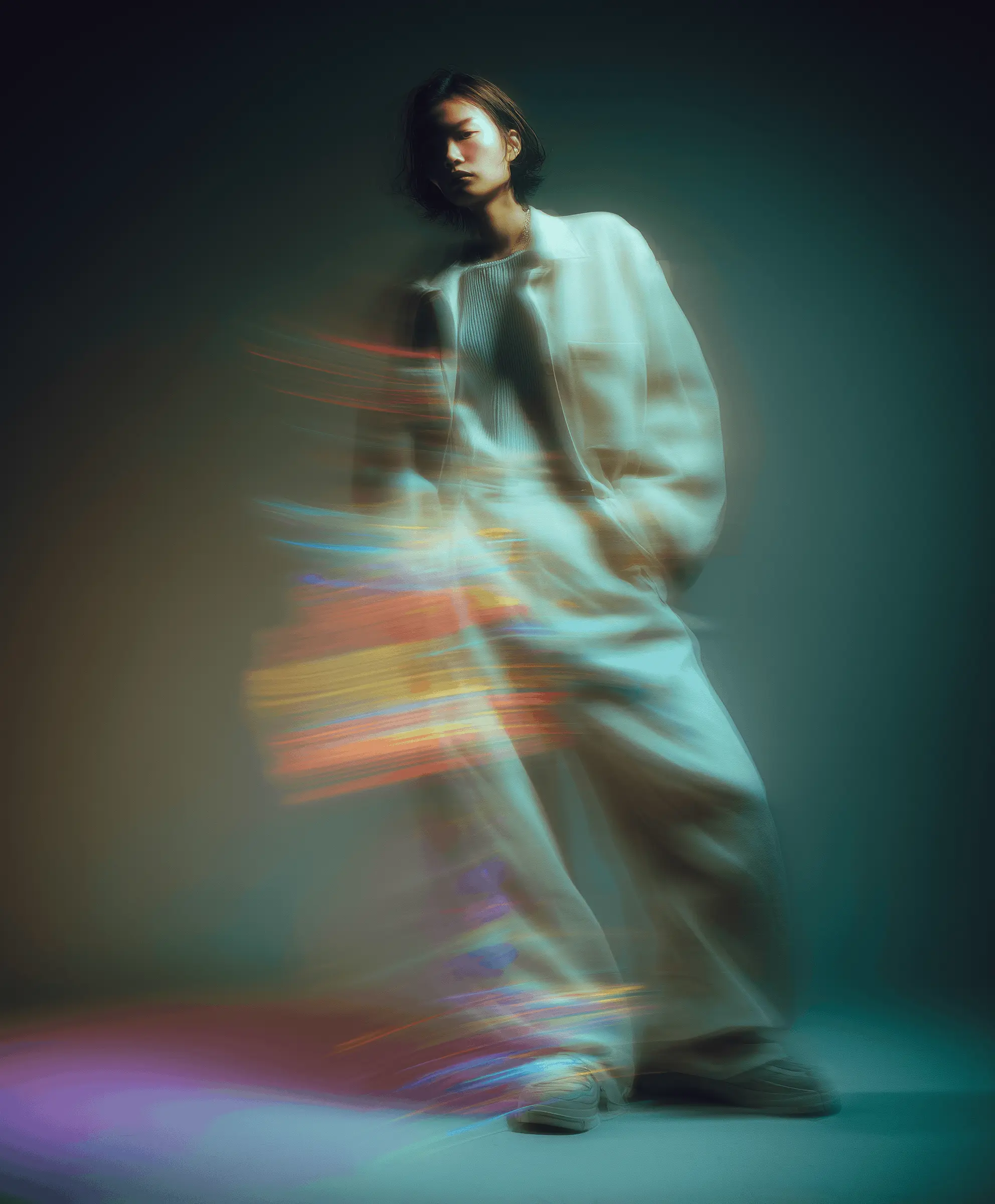 Person wearing a loose white outfit with artistic motion blur and colorful light streak effects.